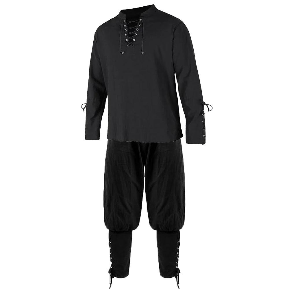 Men's Renaissance Sets Pirate Shirts and Pants Men Costume Cotton Linen V-neck Drawstring Party Dress Two Pieces