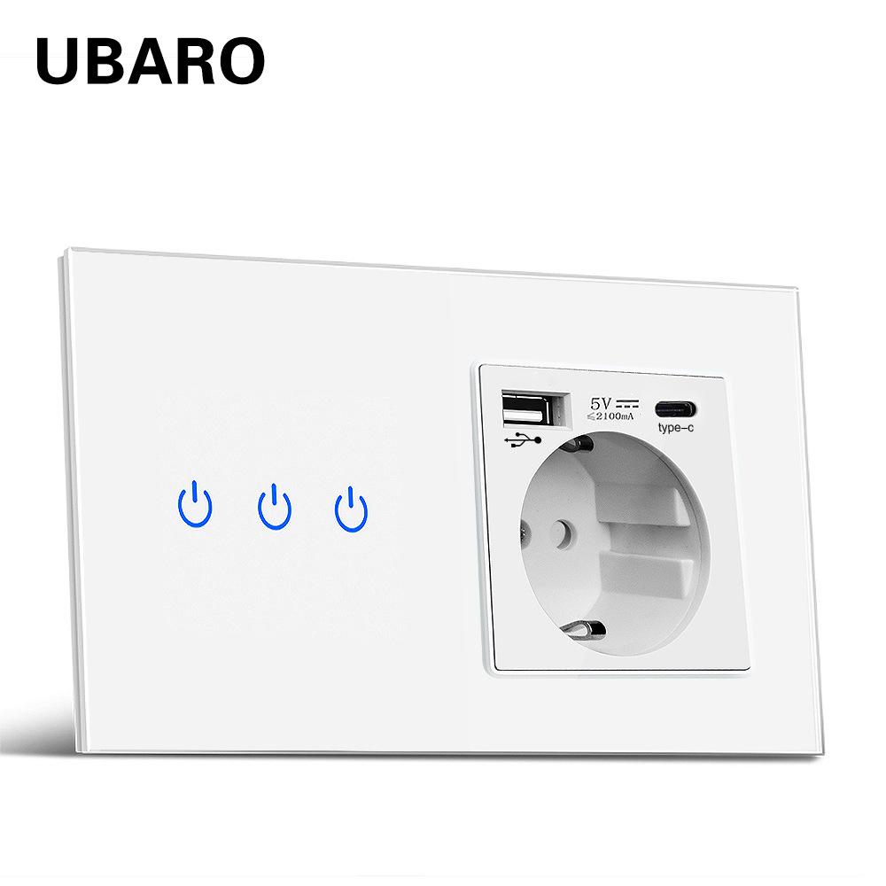 Сенсорный выключатель со стеклянной панелью Европейский стандарт Скрытая комбинация зарядной розетки TYPEC 220В KTY