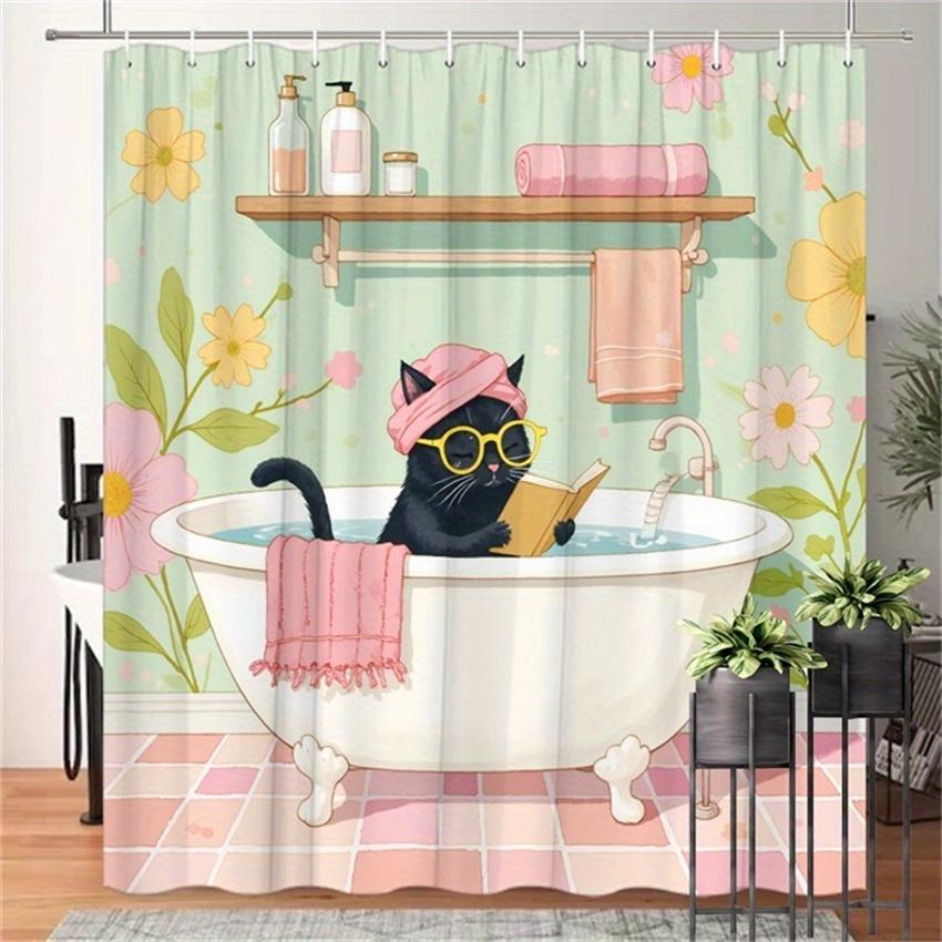 1 шт. Винтажная Шторка для Ванной с Котом, Черный Кот в Желтых Очках и Розовом Тюрбане Читает Книгу в Ванне