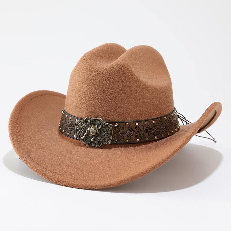 European and American retro western cowboy hat Tibetan big edge hat men's and women's jazz hat sunscreen riding hat cow head accessories top hat