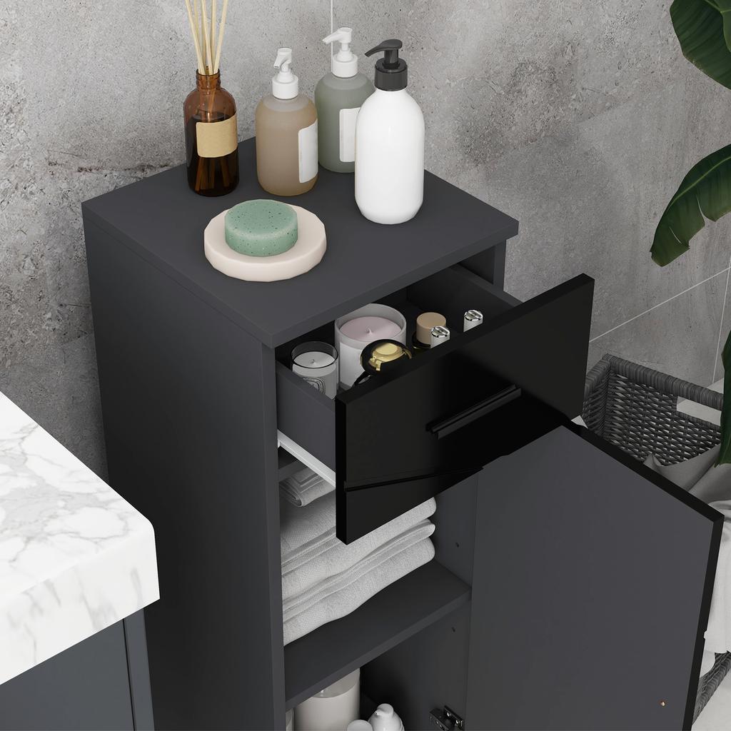 Bathroom Cabinet in Chipboard with Drawer and 2-Level Adjustable Cupboard, 30x30x82 cm, Black and Grey