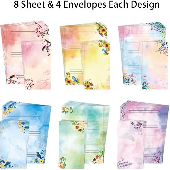 Lined Stationary Paper and Envelopes Set Floral Bird Watercolor Stationary Set with Lined Letter Writing Paper - 48 Sheets + 24 Envelopes, 8 x 11