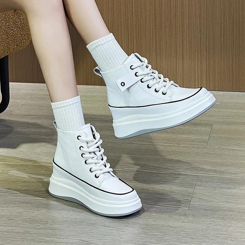 Fashion 7.5CM Women Shoes Natural Cow Genuine Leather Spring Chunky Sneakers Platform Wedge Ankle Boots Hidden Heel Autumn Winter Shoes