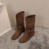 Suede retro belt buckle thick heel western cowboy boots women's spring and autumn new fashion versatile fashion boots