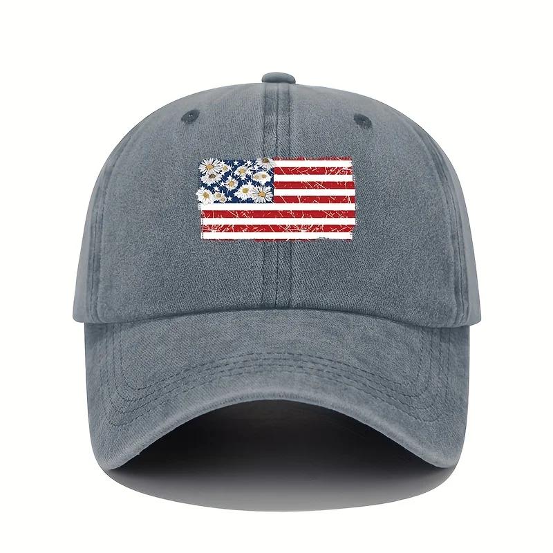 Retro American flag print baseball cap with sun protection and patriotic design for men and women to wear all seasons