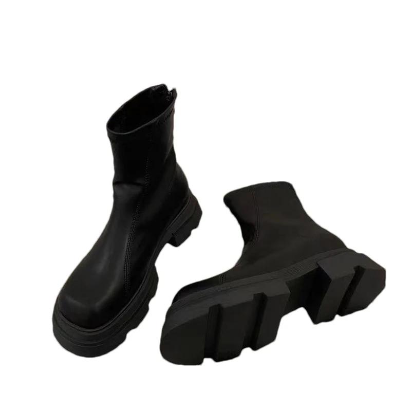 Women Platform Snow Ankle Boots Mid Heels Fashion Motorcycle Boots Trend Winter Designer Leather Shoes Goth Botas De Mujer