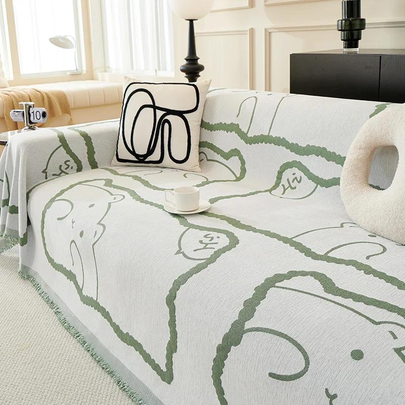 Sofa Cushion With Tassel Cover Cloth Towel Anti Slip Dustproof Integrated Anti Slip Cartoon Cute Bear Comfortable Home Item