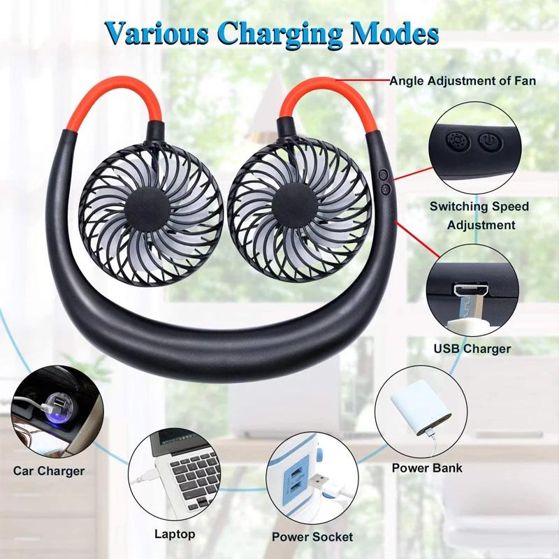 Portable Hand Free USB Rechargeable Sports Neck Fan Neckband 360 Degree Adjustable Strong Wind Air Cooling Personal Mini Fan
