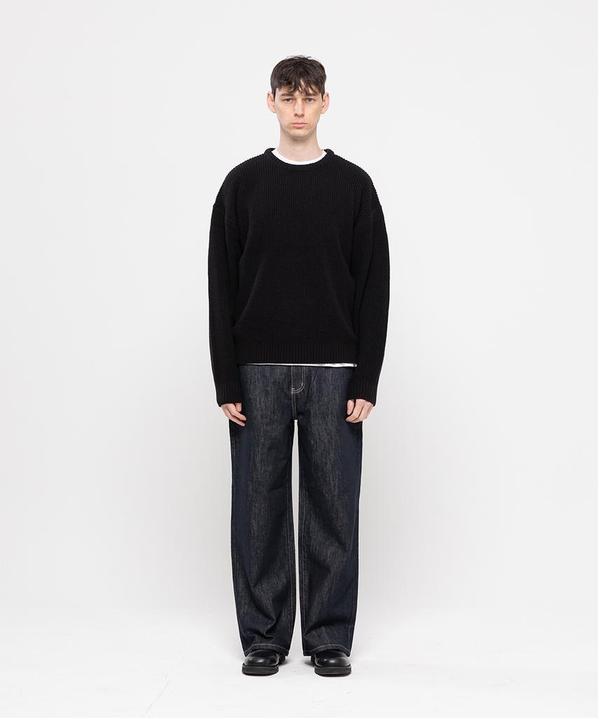 CHAMBROS Non-Faded Basic Semi-Wide Cotton Denim Pants [Black]