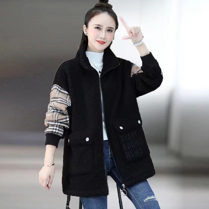 Women's Autumn and Winter Plush Hoodie Jacket Thickened and Warm Mid High Neck Plus Size Cardigan Zipper Short Jacket for Women