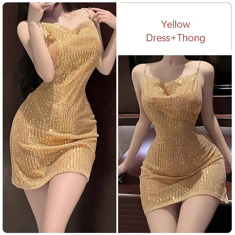 Womens Pajamas Hot Lingerie Sequin Design Backless Super Sexy Mini Club Nightgown Women