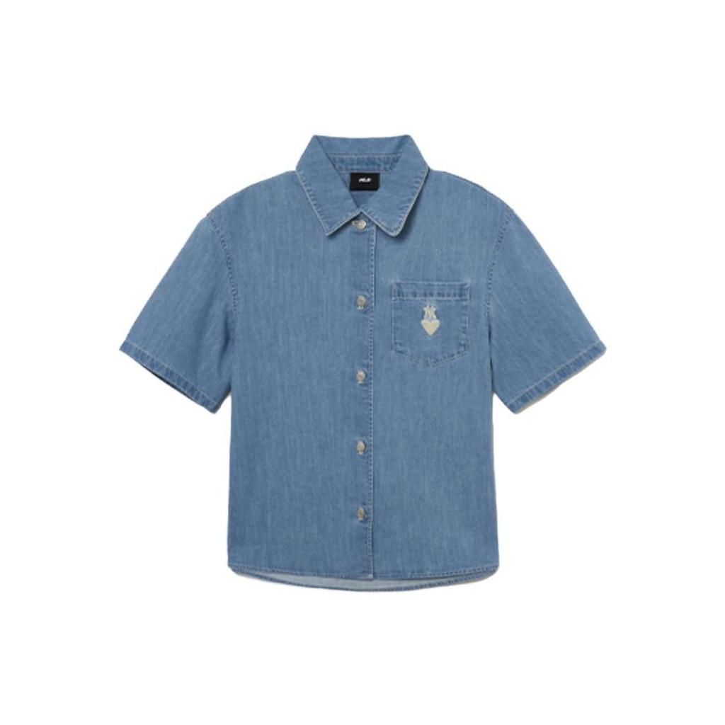 MLB New York Yankees Solid Logo Embroidered Casual Short Sleeve Shirt Women shirts Blue 3FDRH0233-50SBL