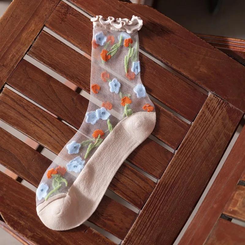 Lolita Kawaii Ruffle Socks Women Ultra-thin Transparent Summer Crystal Silk Socks Floral Embroidery Girls Cute Nylon Long Socks