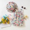 Girls' Holiday Beach Dress Summer Children's Floral Print Sleeveless Round Neck Dress with Back Button Visor