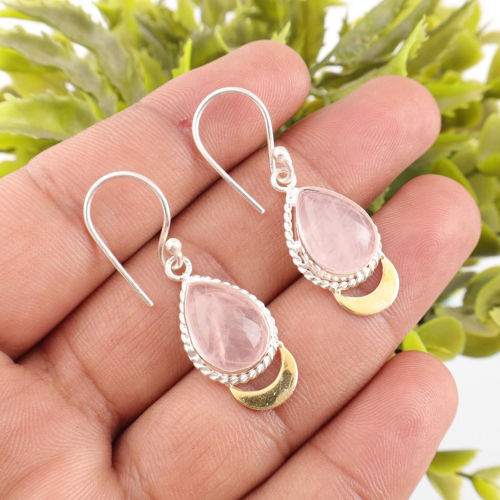 Натуральный драгоценный камень Розовый Кварц Ювелирные изделия из стерлингового серебра 925 пробы Серьги ручной работы 1,5" EE-162-29