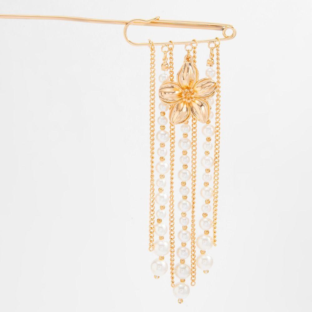 Flower Tie Collar Needle Pearl Multi-layer Chains Pin Tighten Waist Clip Long Tassel Brooch  Women
