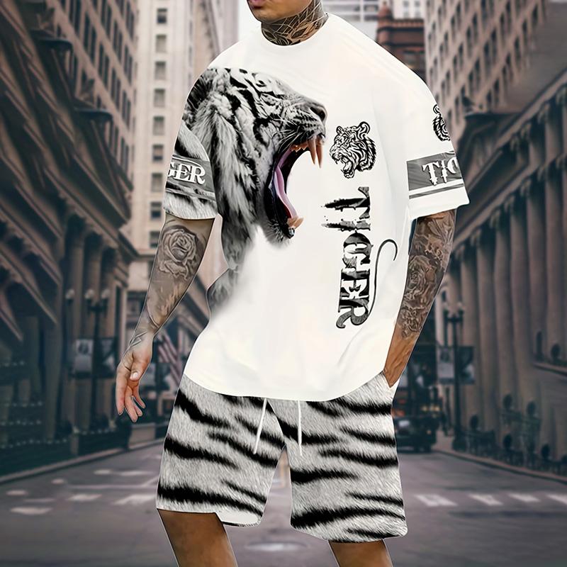Мужской костюм, летний повседневный дышащий освежающий костюм с принтом 3D волка, свободный мужской топ, модный, короткие рукава