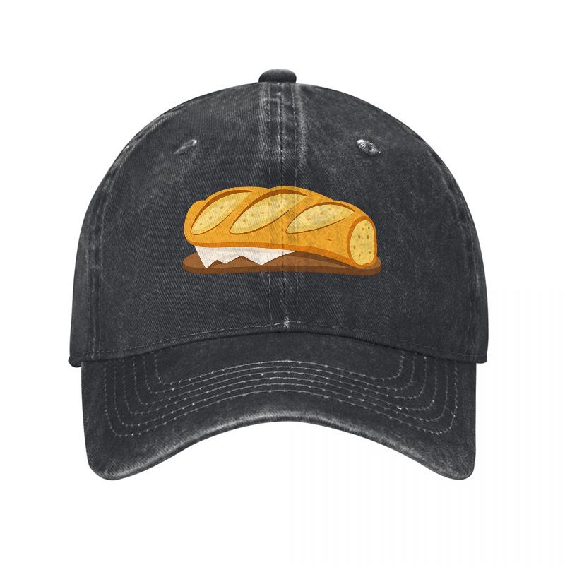 Bread Lover Cotton Washed Baseball Cap Classic Black Hat with Embroidered Loaf Design Casual Streetwear Accessory for Daily Wear