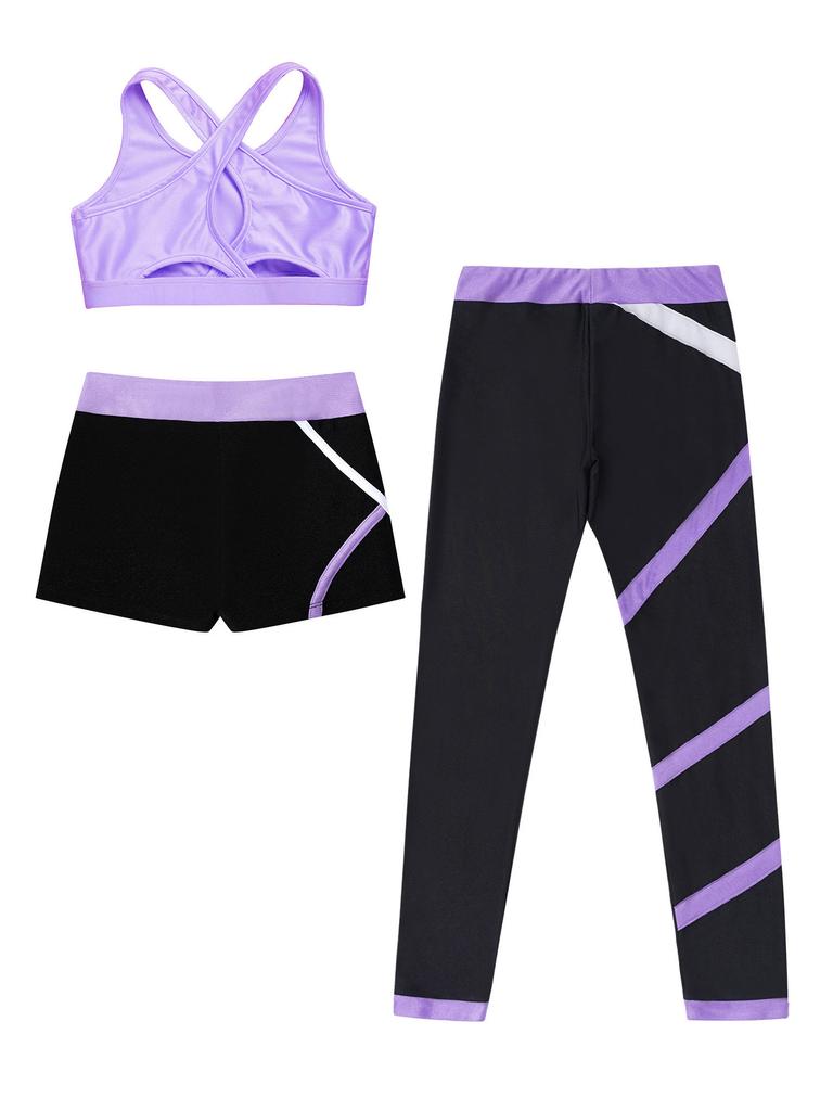 Kids 3 Piece Dance Outfit Tracksuit Girls Cross Nack Tank Sport Bra with Yoga Pants Leggings Ballet Shorts Set