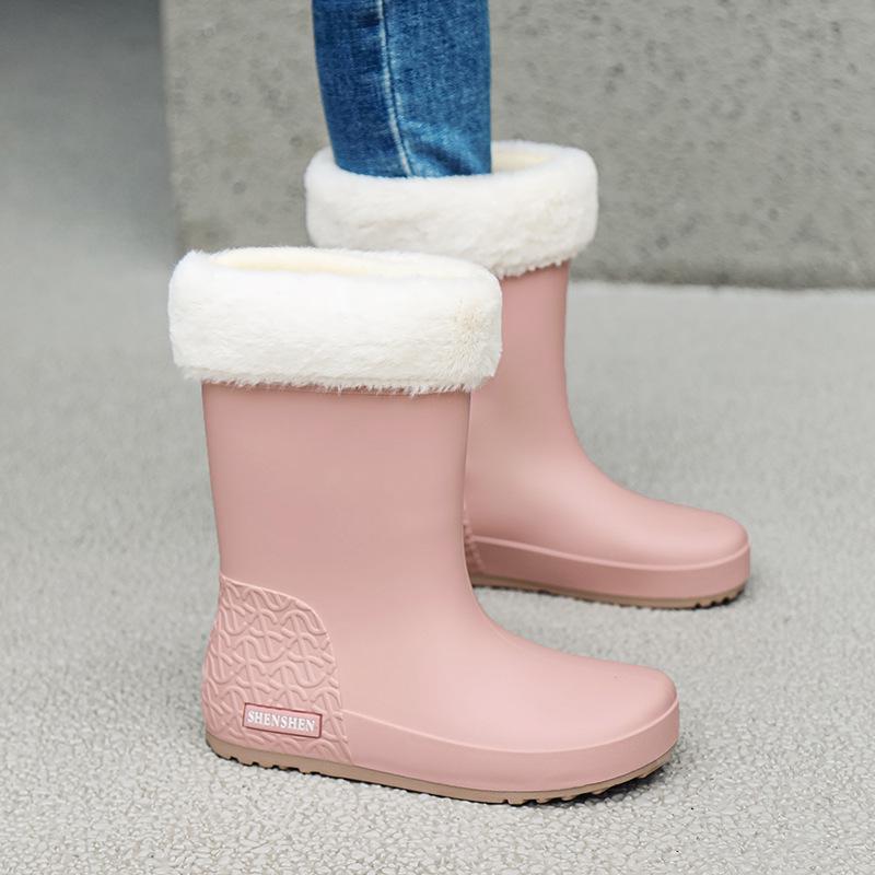 Женские водонепроницаемые нескользящие резиновые сапоги в корейском стиле с бархатной подкладкой для тепла
