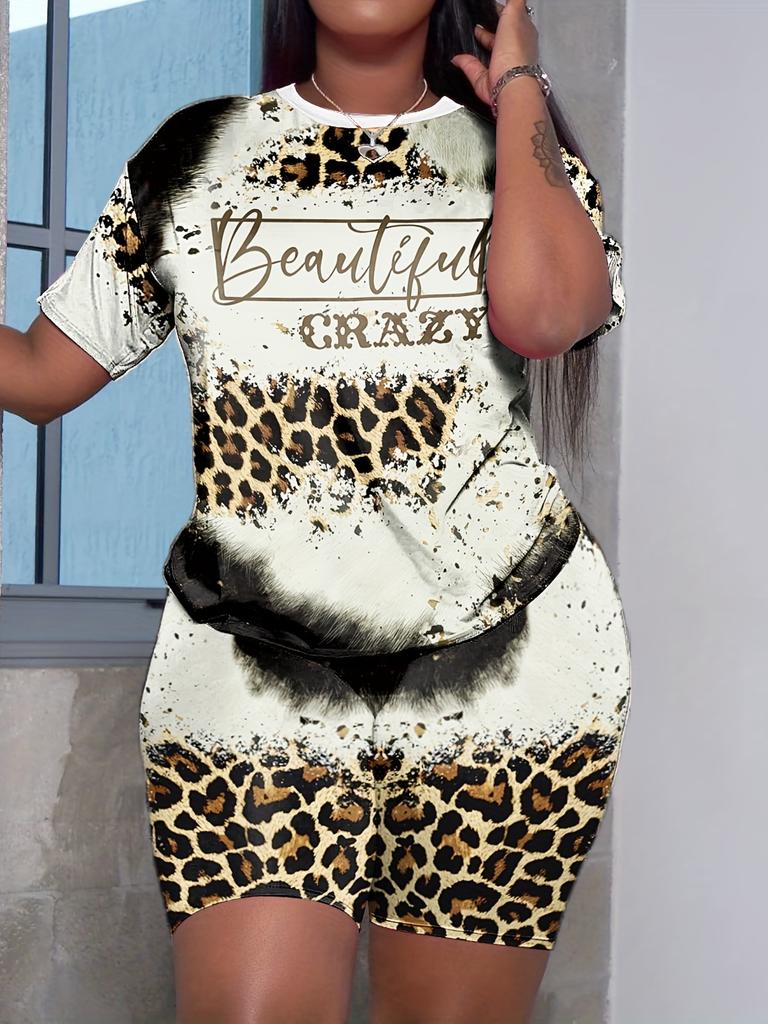 Леопардовый принт плюс размер летние модные наряды женский комплект из 2 предметов леопардовый с буквенным принтом свободные футболки с коротким рукавом шорты