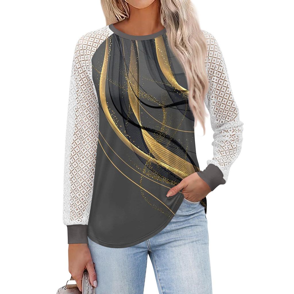 Женские футболки с длинным рукавом, топы с круглым вырезом и кружевом, повседневные блузки, модные топы