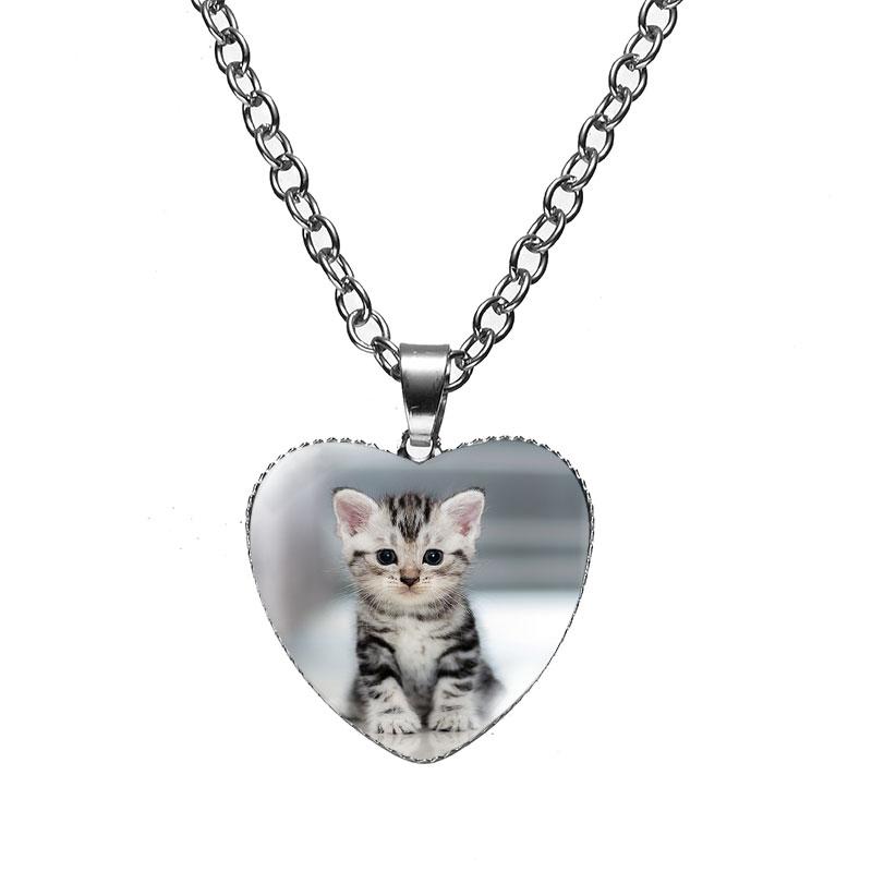 Женская мода милый питомец котенок стеклянный кабошон сердце форма ожерелье кулон ожерелье ювелирные изделия аксессуары подарки
