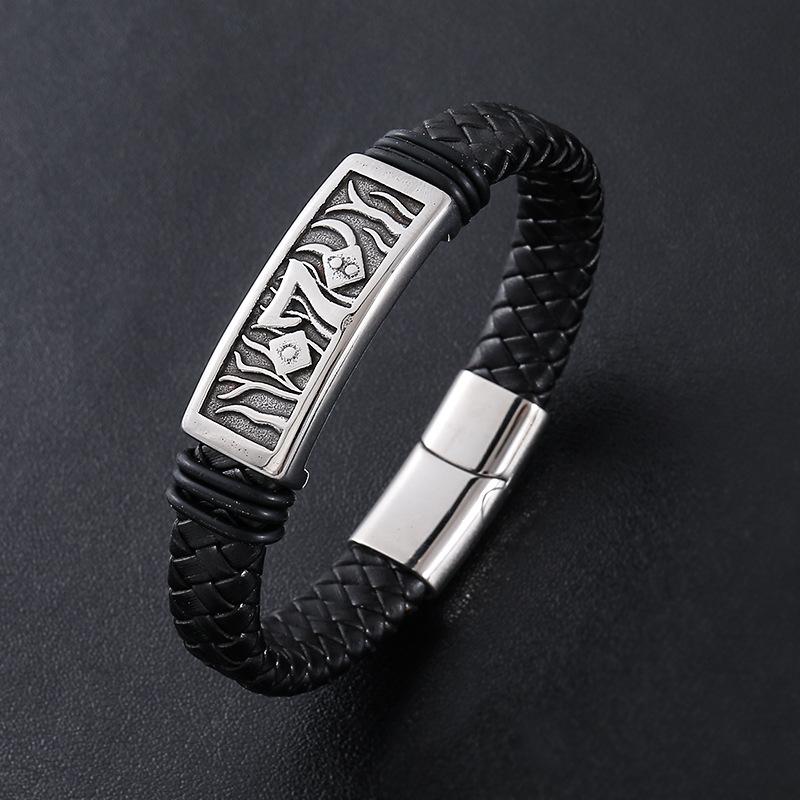 Punk 7 Grass Classic Leather Braided 18K Gold Plated Stainless Steel Fashion Jewelry Bracelets for Men Clasp