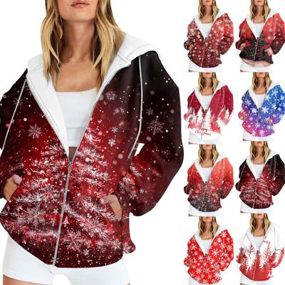 Женская мода повседневная рождественская принтовая толстовка осень-зима с длинным рукавом кардиган куртка с карманом на молнии толстовка с капюшоном куртка