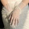 Women Elegant Pleated Edge Pearl Wedding Gloves Bridal Short Tulle Sheer Gloves Proms Costume Occasion Gloves
