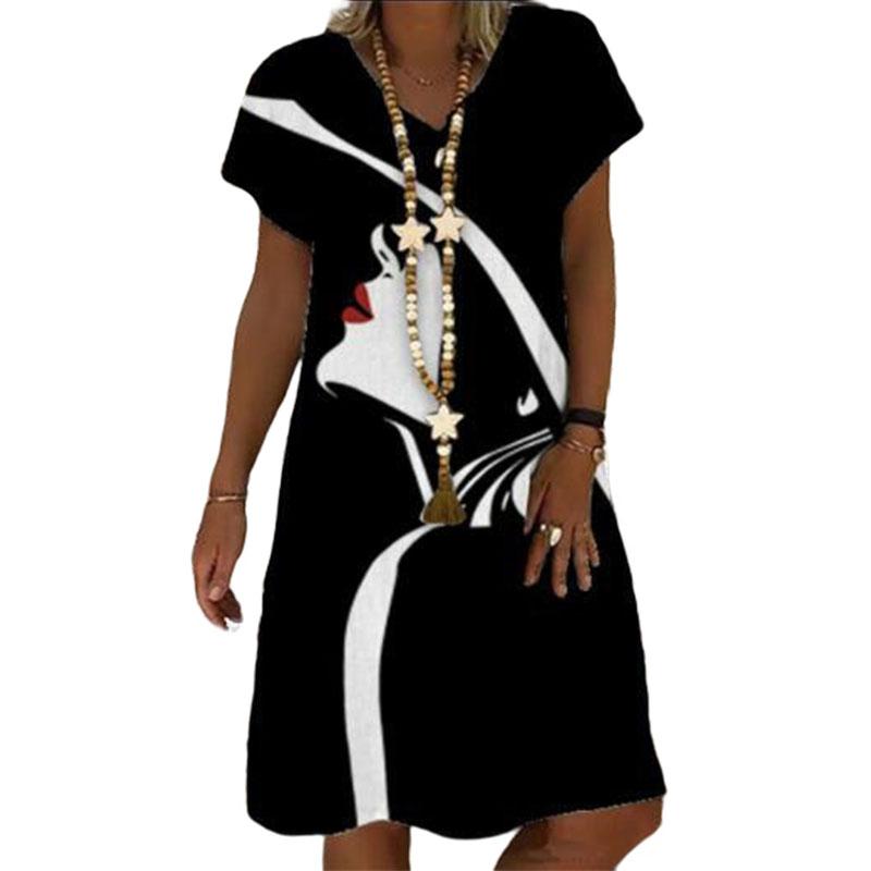 3D Summer Fashion V-neck Women Dress Ladies Short Sleeve Printed Abstract Lines Dress Loose Casual Dress for Women 2022 Summer