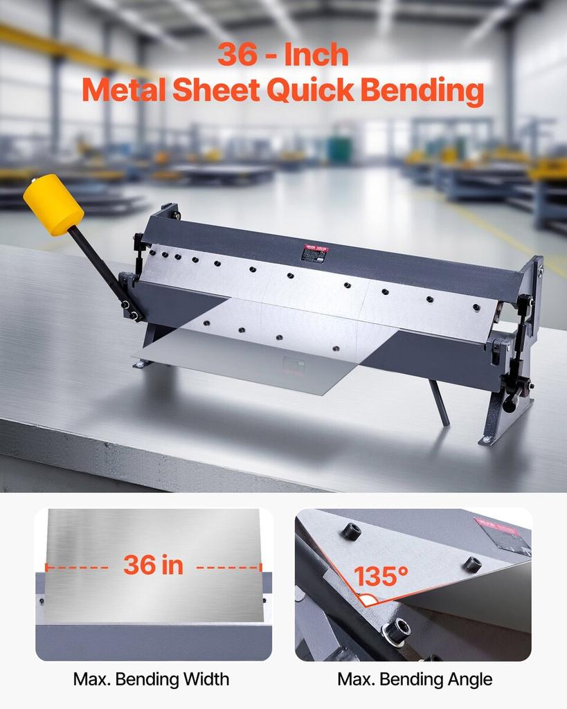 Box and Pan Brake, 910 mm/36 inch Sheet Metal Bending Brake,16-Gauge Mild Steel Capacity, 0-135 Degree Adjustable, Metal Bender Machine with 6