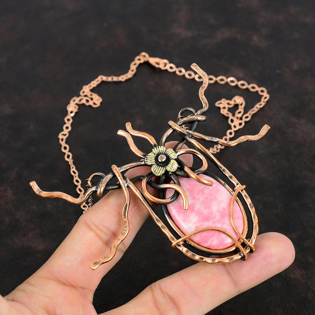 Thulite Gemstone Necklace Copper Wire Wrapped Handmade Jewelry Adjustable Chain Necklace Copper Wire Wrap Necklace Antique Jewelry For Gifts