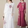 Summer Linen Casual Shirt and Pants Set for Women Retro Light Thin Embroidered Ramie Top Trousers Loose Outfits