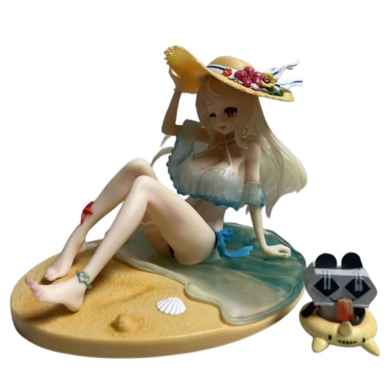 Anime Straw Hat Girl Figure 15cm PVC Beach Sitting Pose Statue With Mini Companion Desktop Decor For Anime Game Otaku Collection