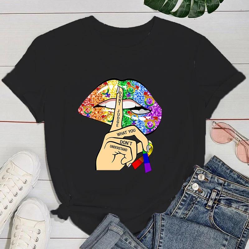 (Premium T-shirt)Cool Lgbt Lips Print T-Shirts For Women Summer Fashion Casual Short Sleeve Round Neck Tops Ladies T-Shirt