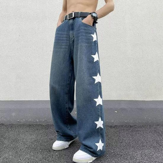 Мужские джинсы с широкими штанинами, прямые, свободные, со звездным принтом, полная длина, сплошной цвет, карманы, пуговицы, застежка-молния, мягкая уличная одежда в стиле ретро, ​​мужские длинные брюки