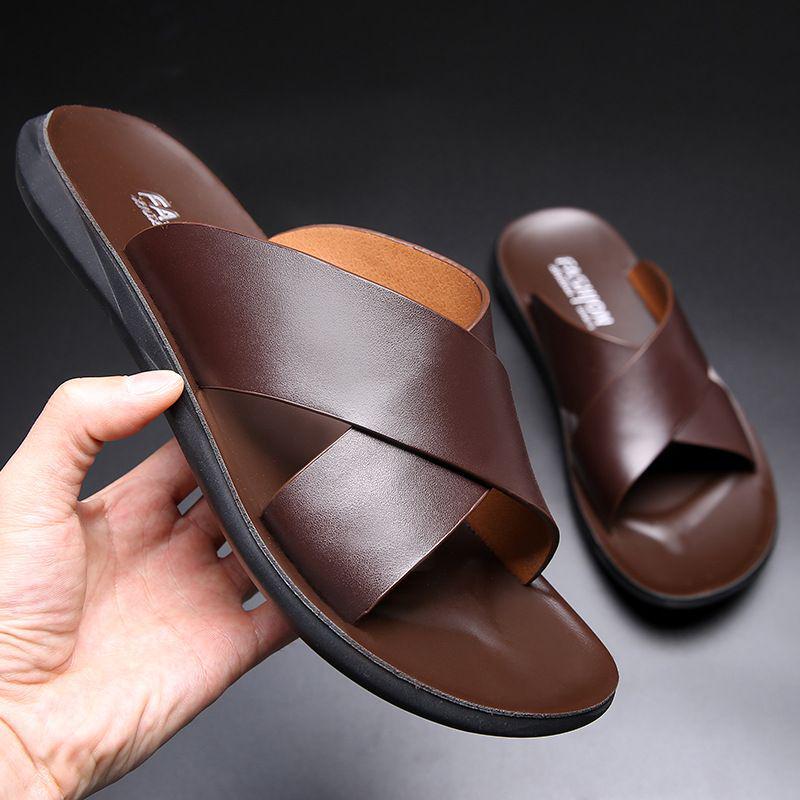 Men's Genuine Leather Korean Style Sandals - Trendy, Non-Slip Beach Flip-Flops