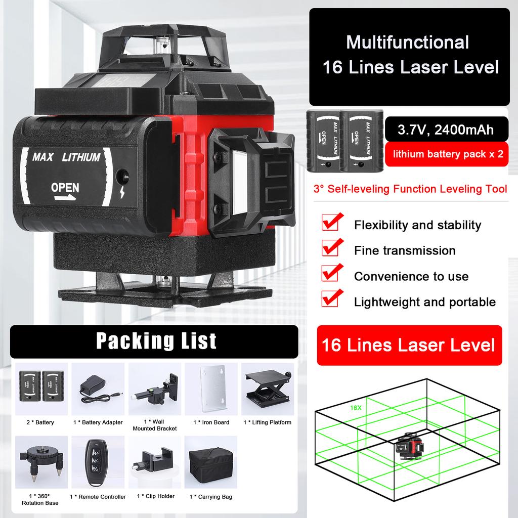 Multifunctional 16 Lines Laser Level 3 Degrees  Self-leveling Machine Rechargeable Lithium Battery Leveling