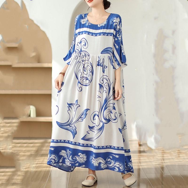 Новое хлопковое атласное платье с коротким рукавом больших размеров в винтажном стиле с цветочным принтом для женщин, повседневное свободное длинное летнее платье