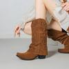 Women's Fold Over Wide Calf Cowboy Boots Embroidery Cowgirl Western Booties Mid Calf Pull On Comfortable Chunky Heels Shoes