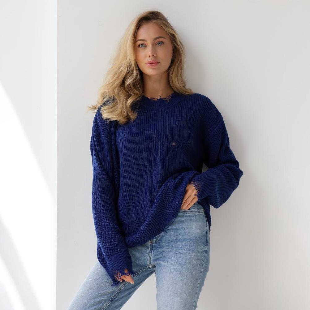 Autumn Winter Vintage Loose Long Sleeve Top Blocked Color Pullover Knitwear O-Neck Sweater