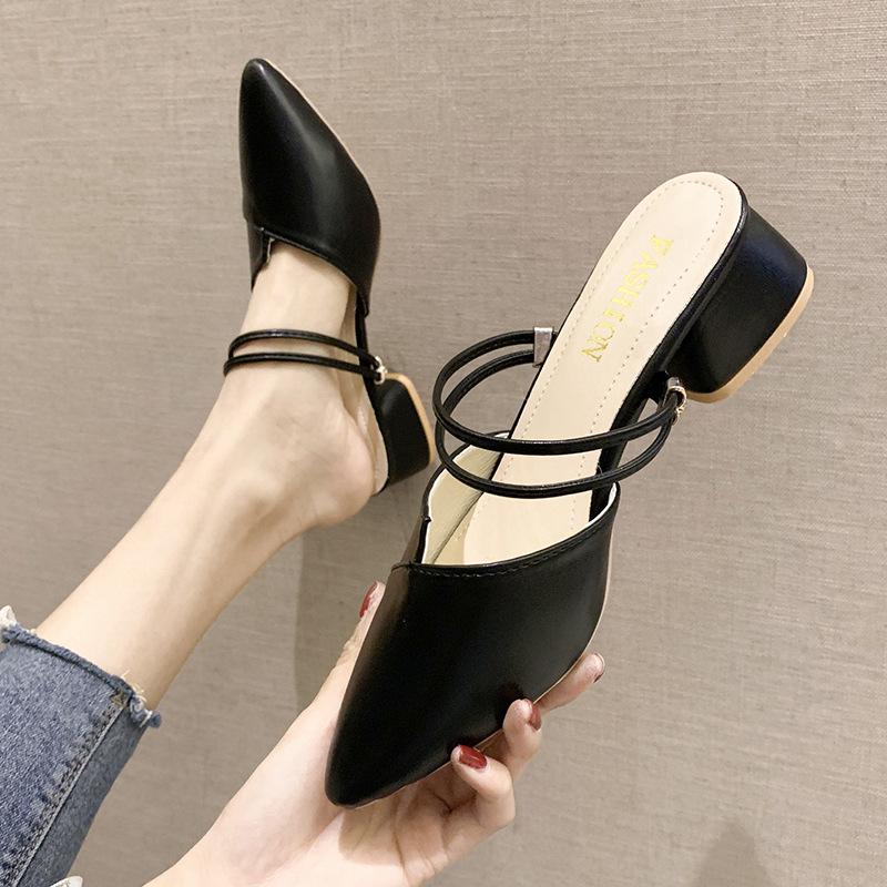 Baotou Sandals Women's Summer Outer Wear Women's Skirt Temperament Thick Heel Pointed Half Slippers Single Shoes High Heels