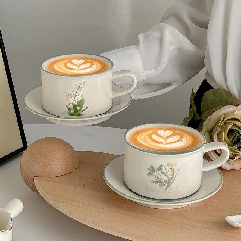 European Style Retro Ceramic Mug Flower Pattern Coffee Cup and Saucer Afternoon Tea Cup Dessert Plate Milk Juice Latte Cup Gift