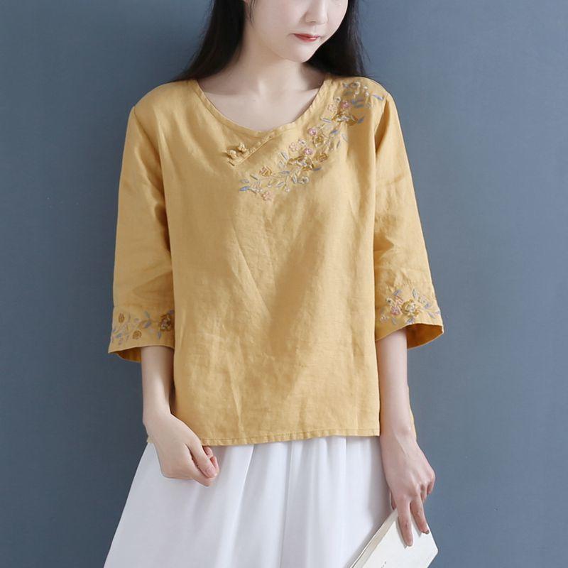 Литературная художественная маленькая свежая свободная круглая горловина хлопковая льняная однотонная футболка для женщин с рукавами три четверти весна-лето короткие футболки