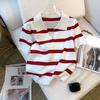 Полосатый свитер с воротником, универсальный вязаный топ с коротким рукавом для весны-лета, женская одежда, кроп-топ
