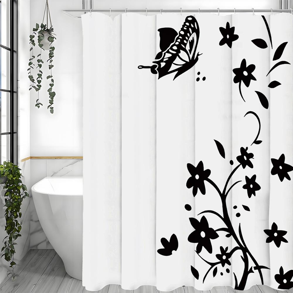 Black and White Floral Butterfly Shower Curtain, Bathroom Decorative Shower Curtain, Waterproof Shower Curtain with Hooks