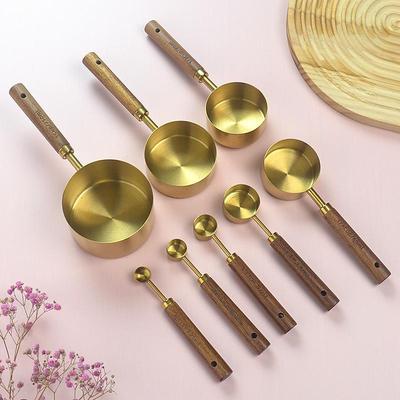 Золотые и черные мерные чашки и ложки из нержавеющей стали с деревянными ручками и шкалой - Многофункциональный набор для выпечки и кофейных ложек