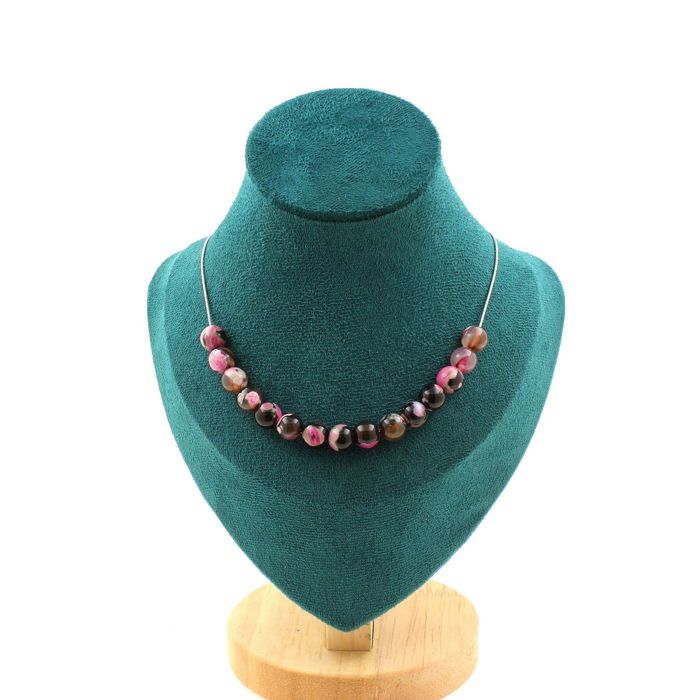 Pierres et Minéraux. Collier 15 perles Agate fuchsia et marron 8 mm. Chaine en acier Collier femmes, hommes. Taille personnalisable.