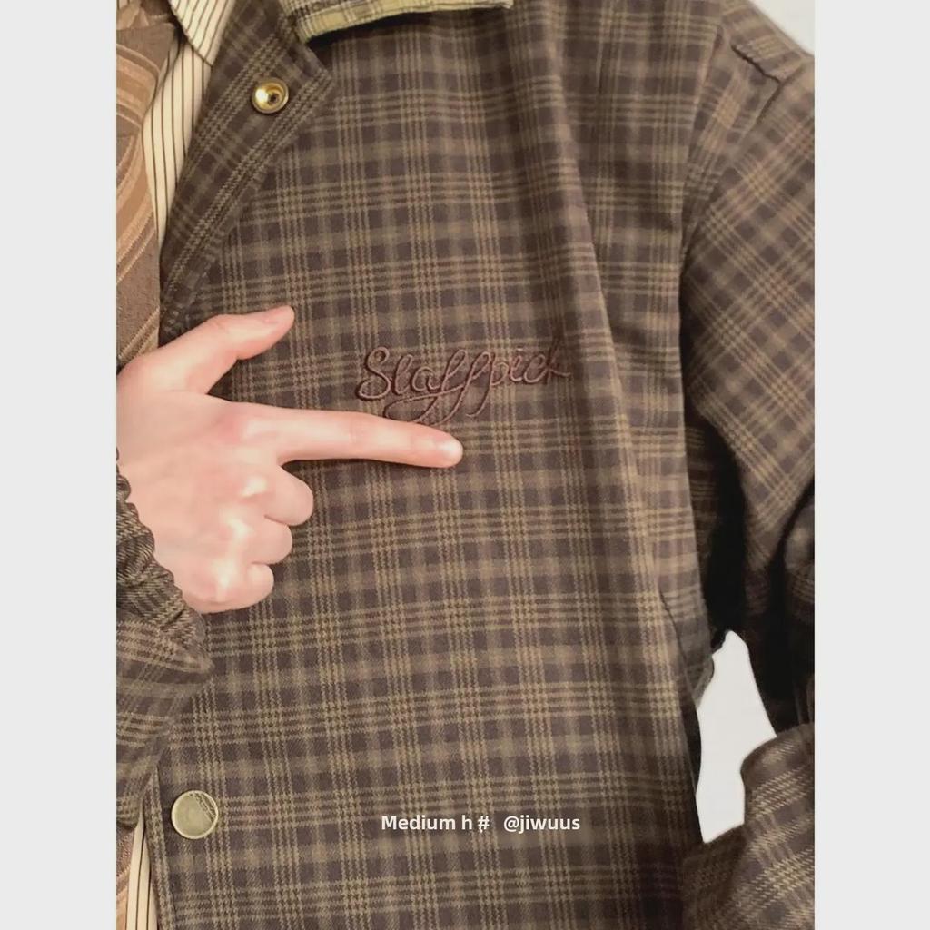 Куртка унисекс в стиле ретро с вышивкой в клетку - осенняя свободная посадка с повседневными лацканами